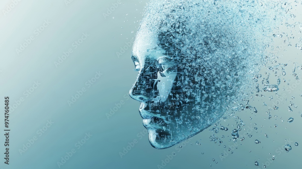 Poster ethereal 3d glass robot head surrounded by floating water droplets and digital data flowing around