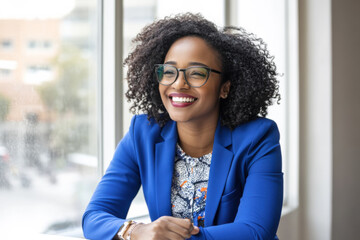 An Afro-American businesswoman in her 30s, wearing glasses, is happily smiling while sitting in her office in front of a window.