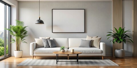 Modern Living Room Interior with White Sofa and Empty Picture Frame, White Sofa, Empty Picture Frame, Living Room Design