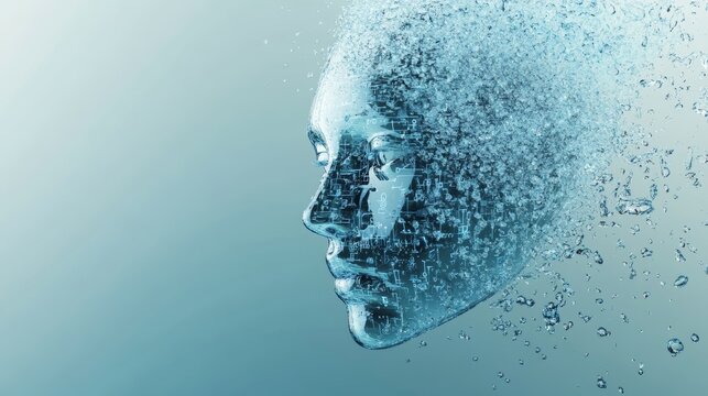 Ethereal 3d glass robot head surrounded by floating water droplets and digital data flowing around
