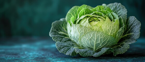 Fototapeta premium Fresh green cabbage in full bloom, isolated against a vibrant teal background