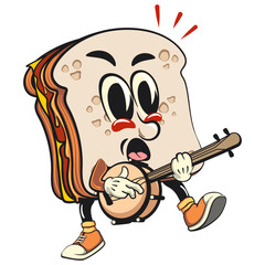 sandwich bread cartoon character mascot retro vector design playing the banjo musical instrument, work of hand drawn