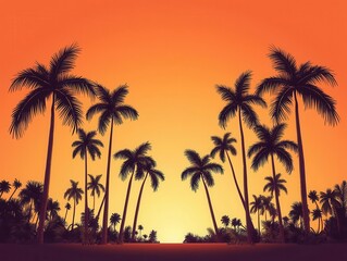Fototapeta premium Palm trees silhouetted against a sunset sky, their leaves rustling softly in the tropical breeze palm trees, jungle, sunset breeze