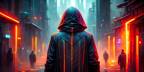 Neon City Wanderer A hooded figure walks down a dark alley illuminated by red neon lights, Cyberpunk, futuristic city, night, urban exploration. Neon City Wanderer, Cyberpunk, Future