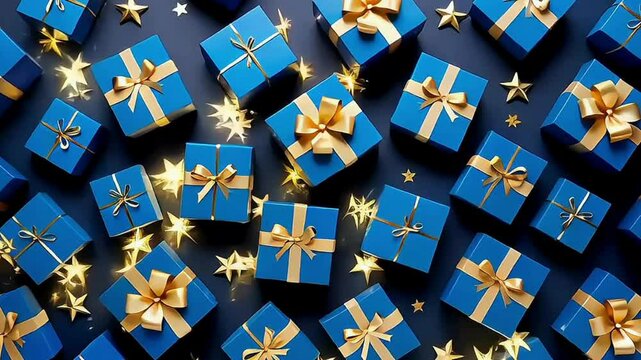Blue gifts with golden bows and ribbons placed on blue background