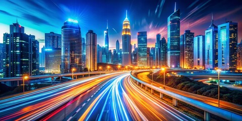 Fototapeta premium Nighttime Cityscape with Light Trails, Dubai, United Arab Emirates, Urban Photography, Architecture, Night