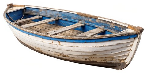 Obraz premium Old Wooden Rowboat with Blue Trim, Isolated on White, Rowboat, Boat, Nautical