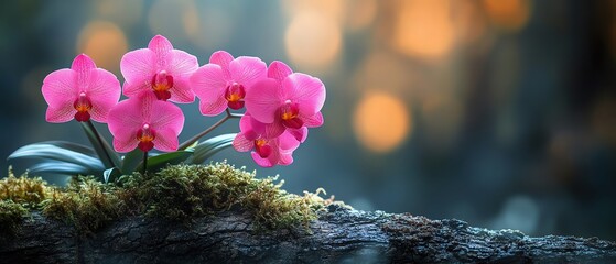 Vibrant pink orchids blooming on a mossy log in a serene, forested setting