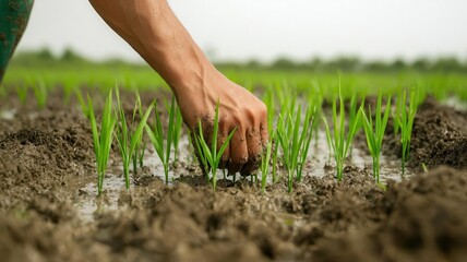 Close-up of a rice farmer s hand planting young rice seedlings in muddy water, showing hard work and dedication rice industry, planting rice seedlings