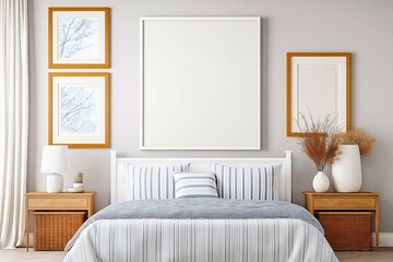  Light modern room interior with comfortable bed 