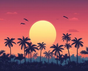 Fototapeta premium A serene tropical jungle scene with palm trees swaying in the gentle breeze, under a vibrant sunset palm trees, jungle, tropical breeze