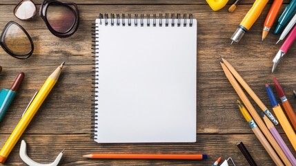 A blank notebook surrounded by various stationery items on a wooden surface.