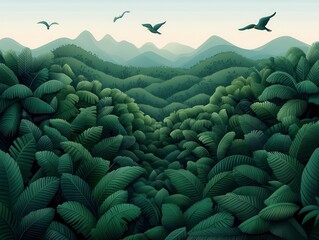 Fototapeta premium A jungle valley filled with tropical trees, the wind moving through the leaves as birds fly overhead jungle valley, tropical, breeze