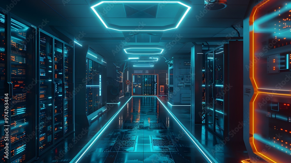 Fototapete Disaster Recovery as a Service (DRaaS): A digital control room overseeing the replication and recovery of virtual and physical servers. AI-powered tools are shown managing the seamless recovery proces