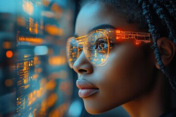 powerful portrait of a black female cto confidently navigating a holographic interface in a hightech data center glowing circuits and data streams emphasize her expertise and leadership