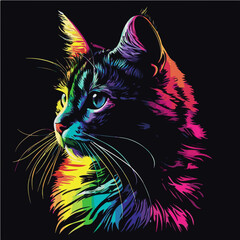 Vibrant rainbow-colored cat vector with neon accents, perfect for t-shirt graphics and creative projects. Ideal for bold, colorful designs.