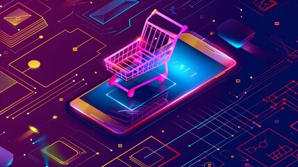 Progressive Web Apps (PWA) in E-commerce: A sleek, fast-loading e-commerce platform represented as a glowing web interface, offering a native app-like experience. The design focuses on speed, engageme