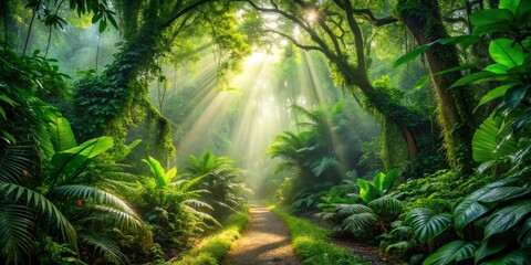 Sunlight Beams Through Lush Rainforest Canopy, Wide Shot, Vibrant Greens and Sunrays, Path in the Forest, Rainforest, Jungle, Nature