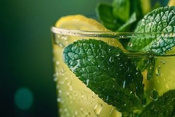 Closeup of Fresh Mint Leaves in Glass with Lemon and Water Droplets