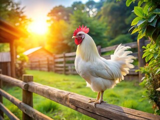 Adorable Cochin chicken perches on wooden fence, soft sunlight highlighting its fluffy white feathers, amidst lush greenery and rustic farm surroundings.