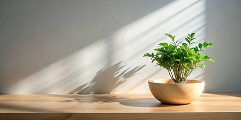 Sunlight on a Plant in a Wooden Bowl, Minimalist Aesthetic, Home Decor, Plant , Minimal , Wood