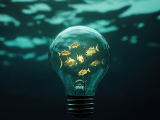 Surreal Underwater Scene with Fish Swimming Inside a Light Bulb, Creative Conceptual Art