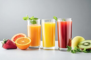 A vibrant display of three colorful fruit juices with fresh fruits beside them.