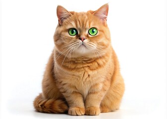 Fototapeta premium Adorable fluffy red British Shorthair cat with bright green eyes, short dense coat, and cute whiskers, sitting on a white background, looking directly ahead.