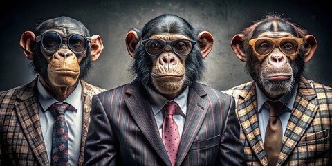 Three Chimpanzees in Suits, Digital Art, Anthropomorphic, Chimpanzee, Suit, Funny, Animal