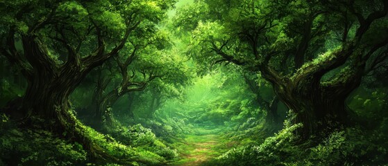 Fototapeta premium Enchanting Green Forest Pathway with Lush Foliage and Sunlight Filtering Through Trees