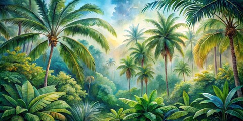 Fototapeta premium Tropical Paradise A Watercolor Depiction of Lush Palm Trees and Vibrant Foliage, Tropical, Paradise, Watercolor
