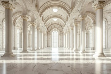 Obraz premium White Marble Hallway with Ornate Columns and Windows