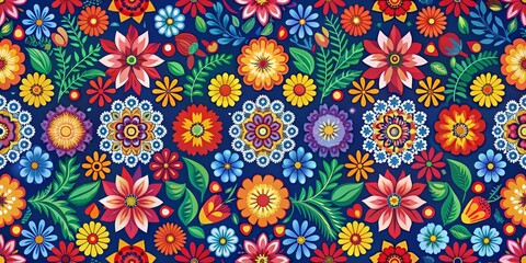 Vibrant Floral Pattern with Red and Blue Flowers, Digital Illustration, Seamless Design, Colorful Flowers, Floral Art, Nature, Design