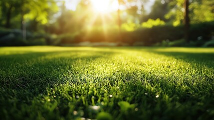 Naklejka premium Close-up of a lush green lawn with neatly trimmed grass, creating a vibrant and well-maintained outdoor scene