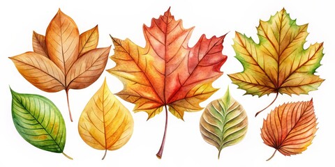 Obraz premium Watercolor Autumn Leaves Set - Detailed Illustration of Colorful Foliage, watercolor, fall, nature, illustration