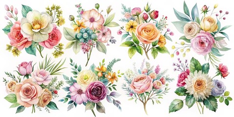 Watercolor Floral Bouquets Roses, Peonies, and Eucalyptus, Watercolor Bouquet, Floral Design, Floral Illustration