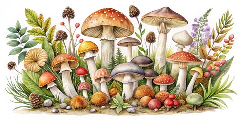 Fototapeta na wymiar Watercolor Composition of Forest Mushrooms, Watercolor, Illustration, Nature, Fungi, Mushroom, Forest