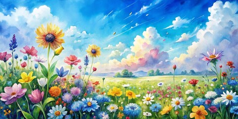 Watercolor Painting of a Summer Meadow with Sunflowers and Daisies, Watercolor, Digital Art, Flowers, Landscape, Meadow, Summer