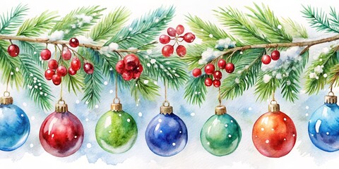 Naklejka premium Watercolor Painting of Christmas Ornaments Hanging on a Snowy Pine Branch with Red Berries, Christmas Ornament , Christmas Decor, Winter Wonderland