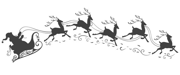 Silhouette of santa claus, Santa Claus is flying in sleigh with Christmas reindeer. Silhouette of Santa Claus, sleigh with Christmas presents and reindeer