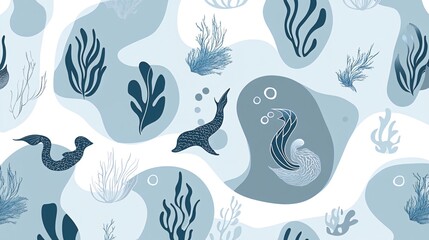 Obraz premium Seamless pattern with blue seahorse, dolphin, and seaweed on a white background.