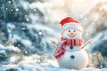Fototapeta premium Charming christmas and new year greeting card featuring a joyful snowman in a winter wonderland