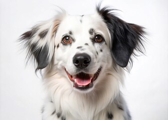 Adorable white furry dog with unique black spots, posing on a white background, showcasing its playful and innocent expression with tilted head and floppy ears.