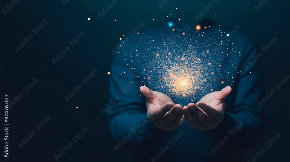 Poster digital link tech, media and data connection for business concept, businessman holding global techno