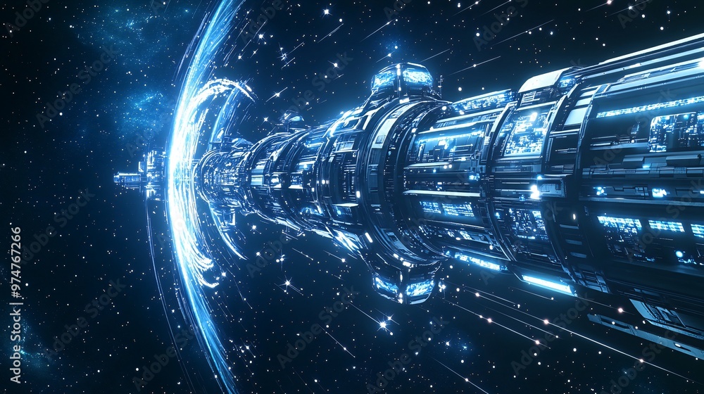 Poster Futuristic spaceship traveling through a wormhole in space.