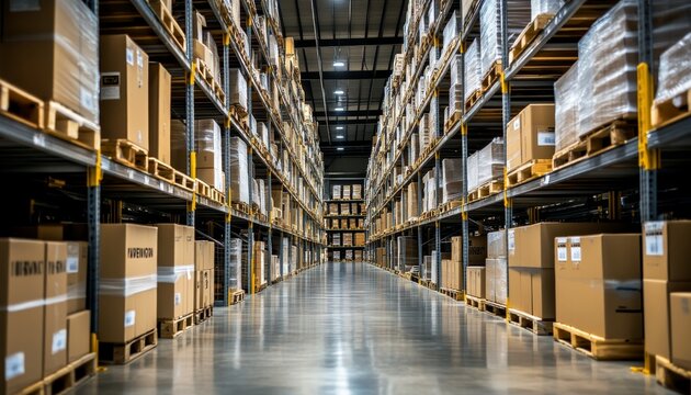 Modern warehouse storage  organized rows of shelves filled with goods and boxes in industry setting