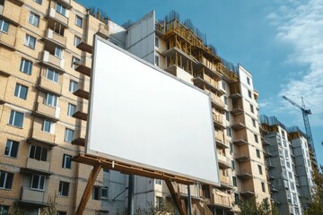 Obraz premium Empty signboard at construction site for multi storey building project business template