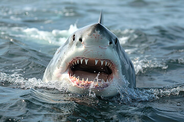 Fototapeta premium Great white shark breaches the surface of the water with its mouth wide open