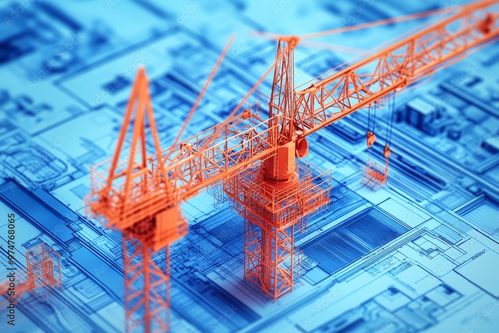 Poster construction project with blueprints and engineering tools against tower cranes in background