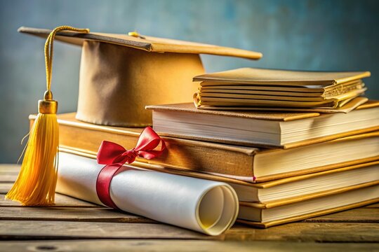 A golden graduation cap sits atop a stack of worn textbooks, surrounded by scattered papers and a diploma, symbolizing academic achievement and success.